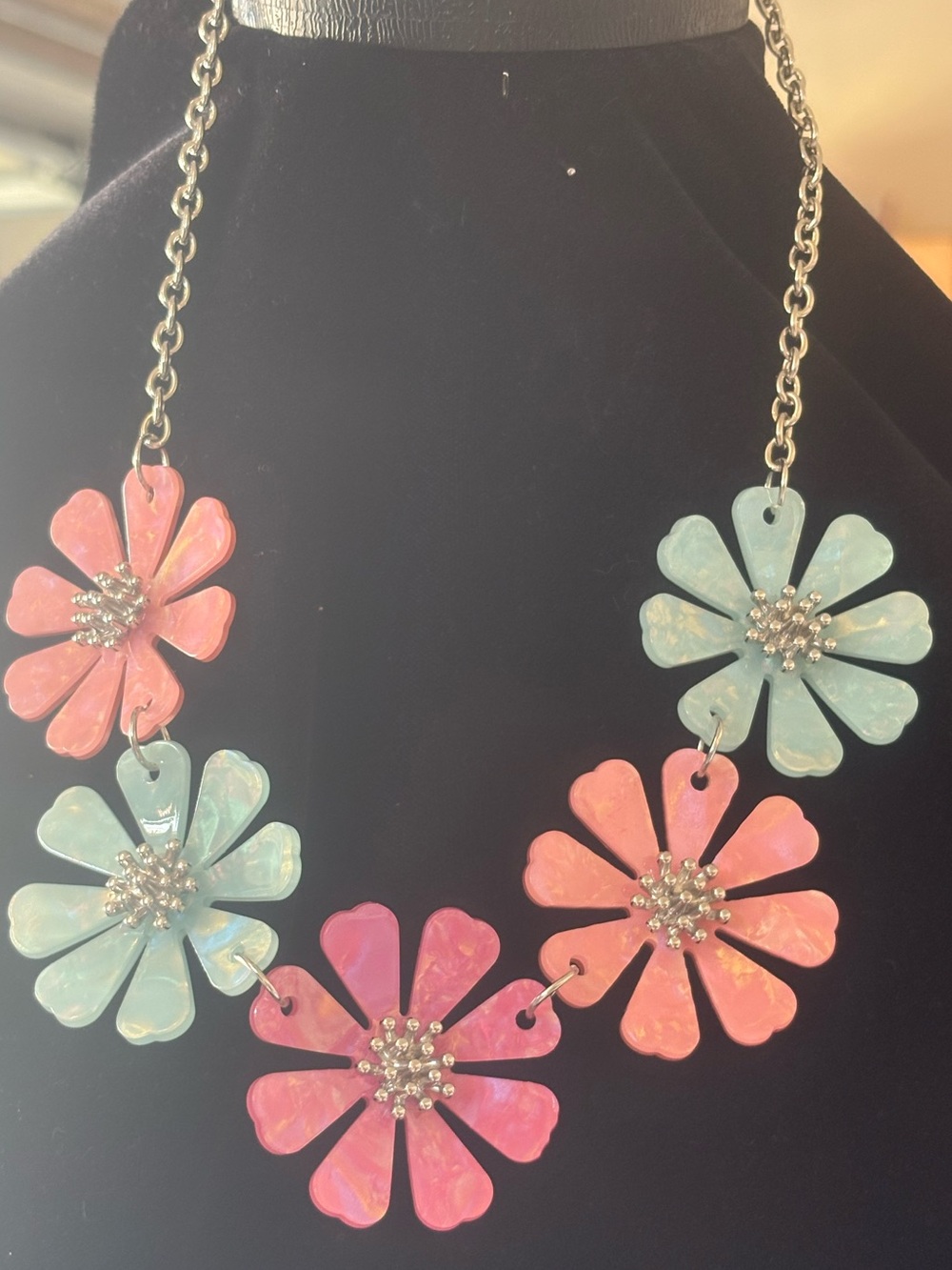 Floral Statement Necklace in Pink and Light Blue